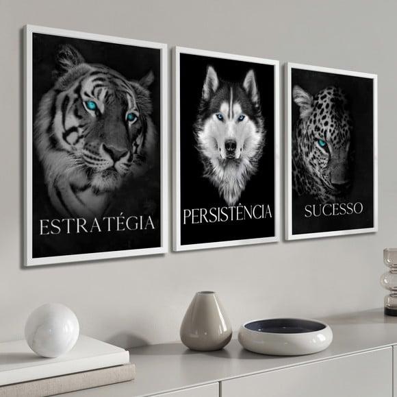 Kit 3 Quadros Decorativos Animais Frase Motivacional Moldura