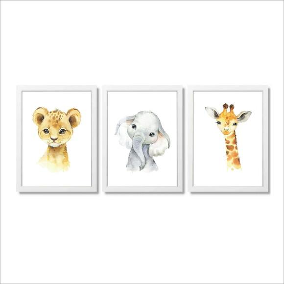 Kit 3 Quadros Decorativos Animais Infantil Moldura e Vidro
