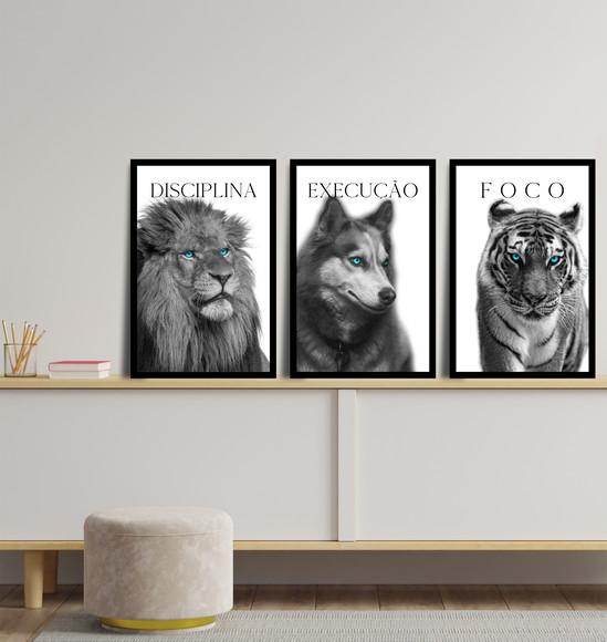 Kit 3 Quadros Decorativos Animais Frases Motivação Moldura