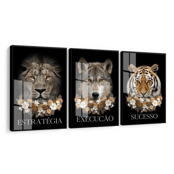 Kit 3 Quadros Decorativos Animais Motivacional Moldura Vidro