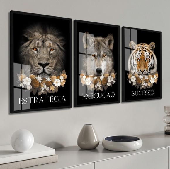 Kit 3 Quadros Decorativos Animais Motivacional Moldura Vidro