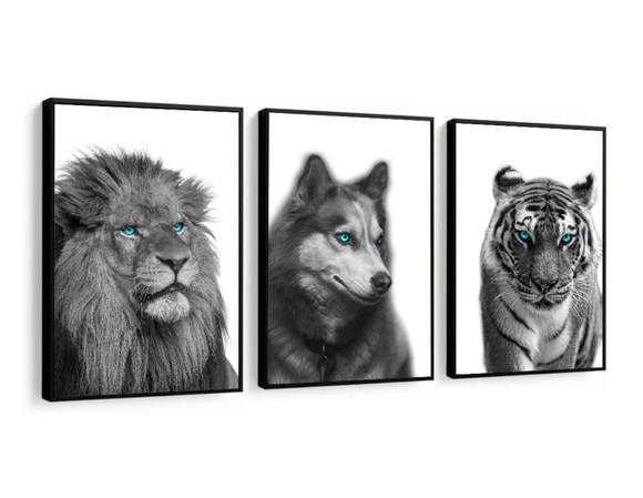 Kit 3 Quadros Decorativos Animais Preto e Branco Com Moldura