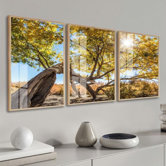 Kit 3 Quadros Decorativos Arvore Amarela com Moldura e Vidro