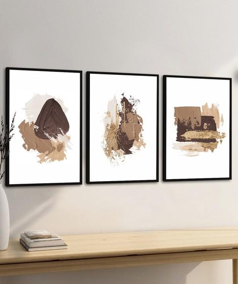 Kit 3 Quadros Decorativos Arte Modernos Marrom com Moldura