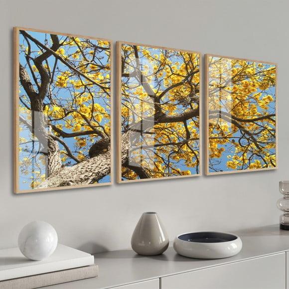 Kit 3 Quadros Decorativos Arvore Amarela Com Moldura E Vidro