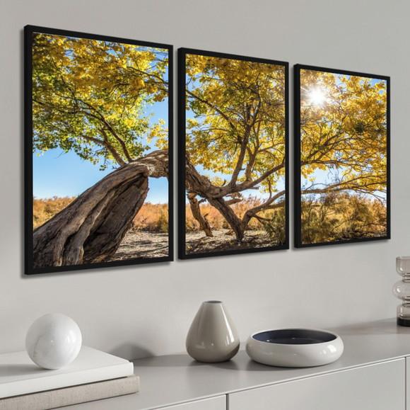 Kit 3 Quadros Decorativos Arvore Amarela Paisagem Moldura