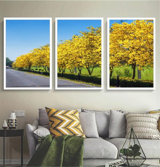 Kit 3 Quadros Decorativos Arvore Amarela Paisagem Moldura