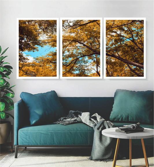 Kit 3 Quadros Decorativos Arvore Amarela Paisagem Moldura