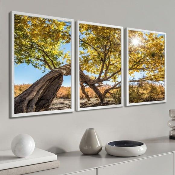 Kit 3 Quadros Decorativos Arvore Amarela Paisagem Moldura
