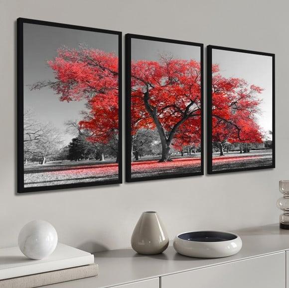 Kit 3 Quadros Decorativos Arvore Da Vida Vermelha Molduras