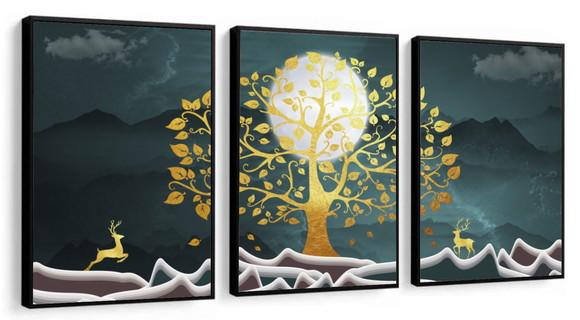 Kit 3 Quadros Decorativos Arvore Dourada Moderno Com Moldura