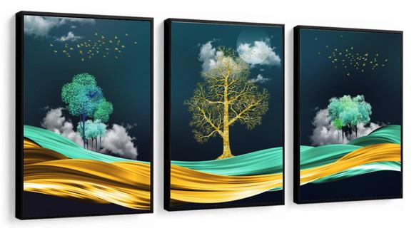 Kit 3 Quadros Decorativos Arvore Dourada Paisagem Moldura