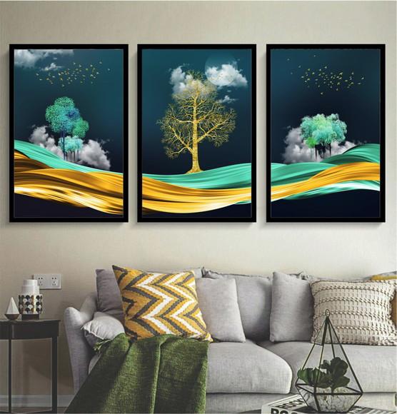 Kit 3 Quadros Decorativos Arvore Dourada Paisagem Moldura