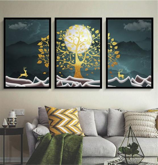 Kit 3 Quadros Decorativos Arvore Dourada Moderno Com Moldura