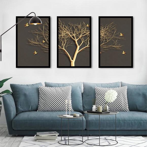 Kit 3 Quadros Decorativos Arvore Dourada Para Sala Molduras