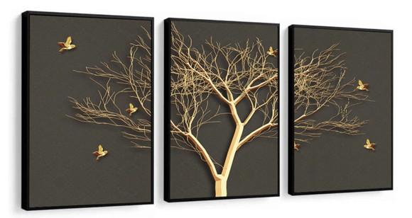 Kit 3 Quadros Decorativos Arvore Dourada Para Sala Molduras