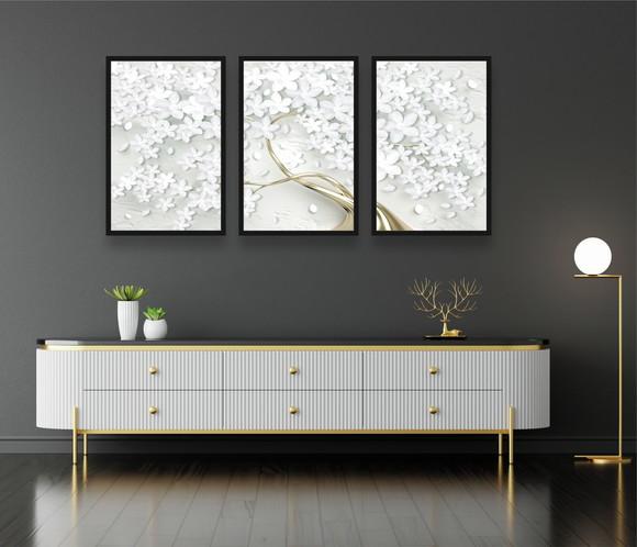 Kit 3 Quadros Decorativos Arvore Flores Dourada Sala Moldura