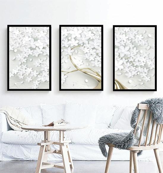 Kit 3 Quadros Decorativos Arvore Flores Dourada Sala Moldura