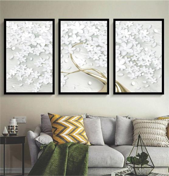 Kit 3 Quadros Decorativos Arvore Flores Dourada Sala Moldura