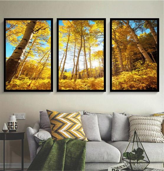 Kit 3 Quadros Decorativos Arvore Floresta Amarela Moldura
