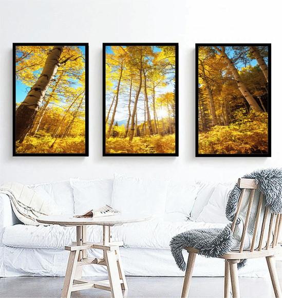Kit 3 Quadros Decorativos Arvore Floresta Amarela Moldura