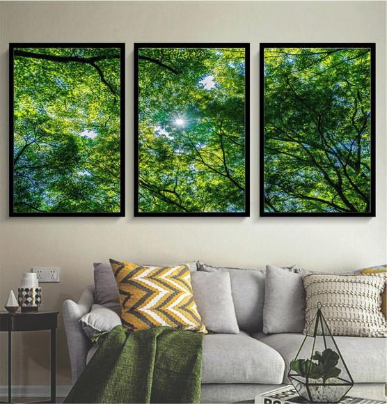 Kit 3 Quadros Decorativos Arvore Floresta Verde Com Moldura