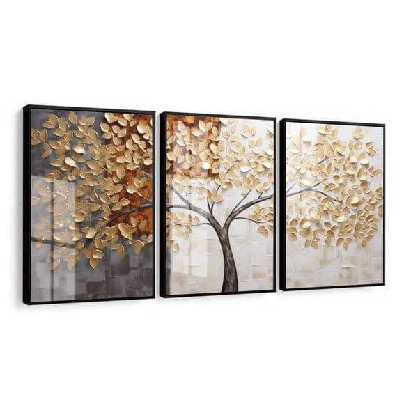 Kit 3 Quadros Decorativos Arvore Folhagem Abstrato com Vidro