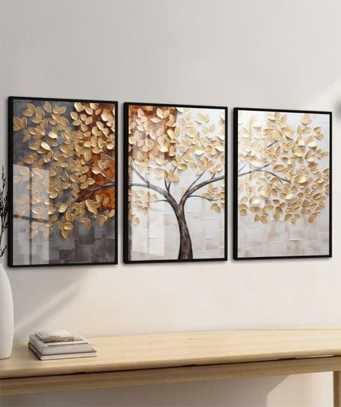 Kit 3 Quadros Decorativos Arvore Folhagem Abstrato com Vidro