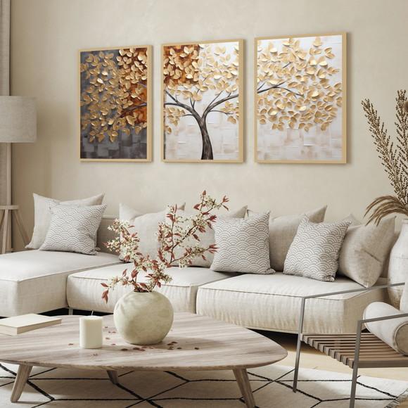 Kit 3 Quadros Decorativos Arvore Folhagem Abstrato Moldura
