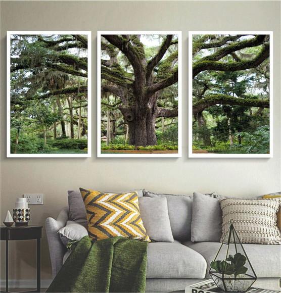 Kit 3 Quadros Decorativos Arvore Folhagem Paisagem Moldura
