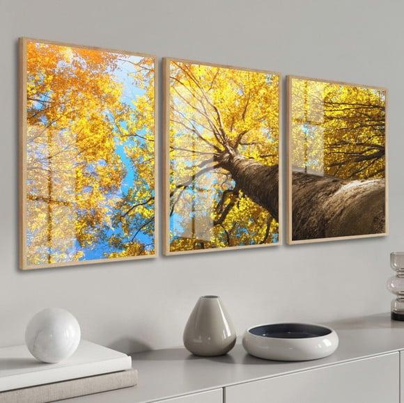 Kit 3 Quadros Decorativos Arvore Ipê Amarelo Moldura e Vidro