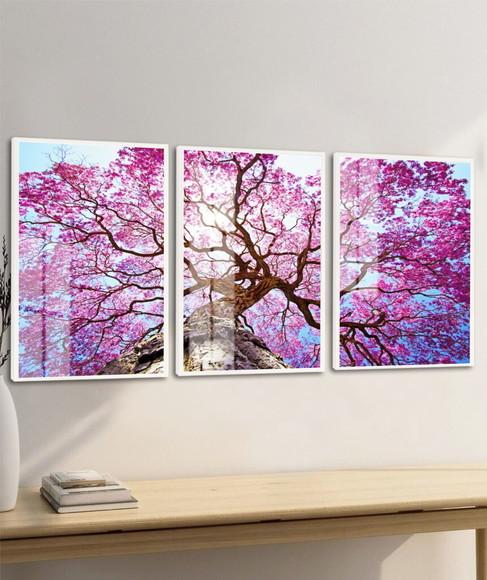 Kit 3 Quadros Decorativos Arvore Ipê Rosa com Moldura Vidro