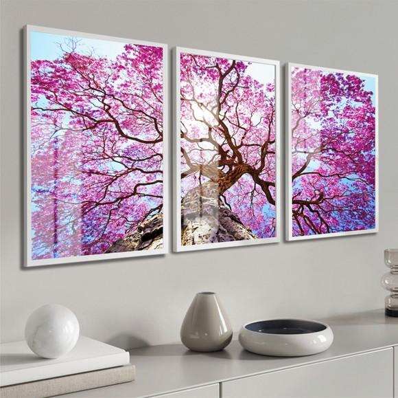Kit 3 Quadros Decorativos Arvore Ipê Rosa com Moldura Vidro