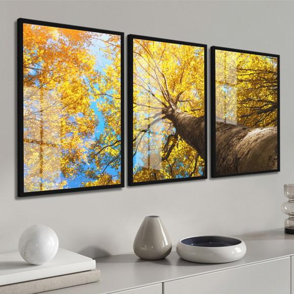 Kit 3 Quadros Decorativos Arvore Ipê Amarelo Moldura e Vidro