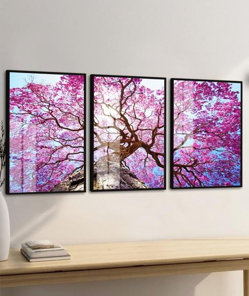 Kit 3 Quadros Decorativos Arvore Ipê Rosa com Moldura Vidro