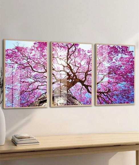 Kit 3 Quadros Decorativos Arvore Ipê Rosa Moldura e Vidro