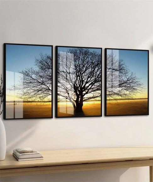 Kit 3 Quadros Decorativos Arvore Pôr do Sol Moldura e Vidro