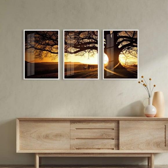 Kit 3 Quadros Decorativos Arvore Pôr Do Sol Moldura e Vidro