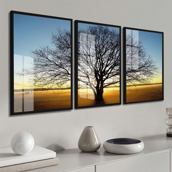 Kit 3 Quadros Decorativos Arvore Pôr do Sol Moldura e Vidro