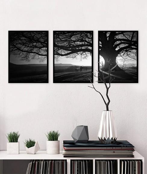 Kit 3 Quadros Decorativos Arvore Preto e Branco Com Moldura