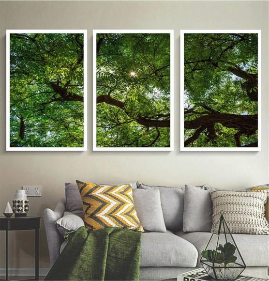 Kit 3 Quadros Decorativos Arvore Verde Floresta Com Moldura