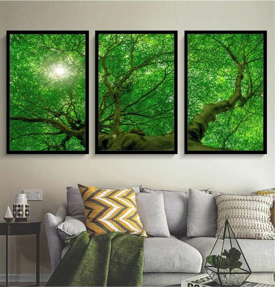 Kit 3 Quadros Decorativos Arvore Verde Floresta Com Moldura