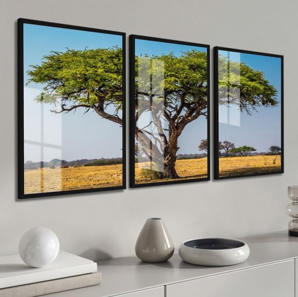 Kit 3 Quadros Decorativos Arvore Verde Galhos Paisagem Vidro