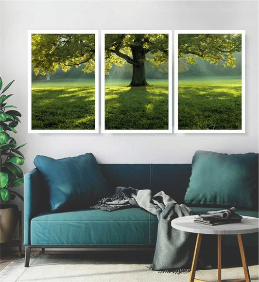 Kit 3 Quadros Decorativos Arvore Verde Paisagem Com Moldura