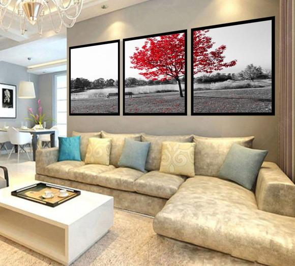 Kit 3 Quadros Decorativos Arvore Vermelha Conjunto Moldura