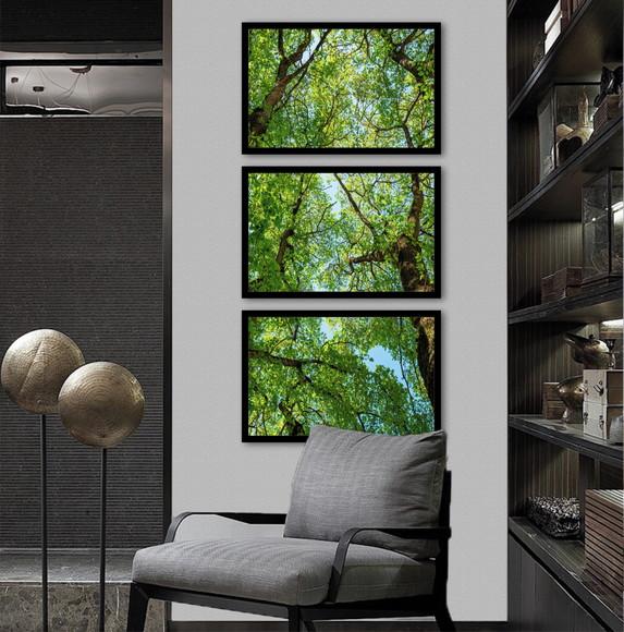 Kit 3 Quadros Decorativos Arvore Verde Vertical com Moldura