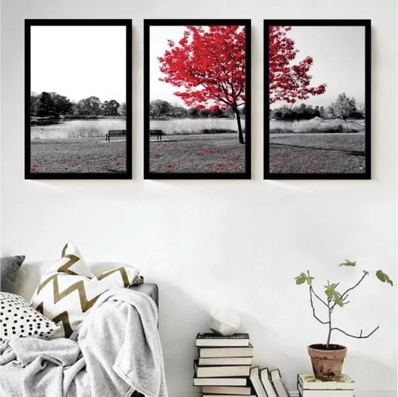 Kit 3 Quadros Decorativos Arvore Vermelha Paisagem Molduras