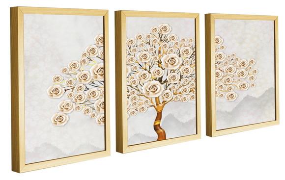 Kit 3 Quadros Decorativos Arvores Flores Brancas Com Moldura