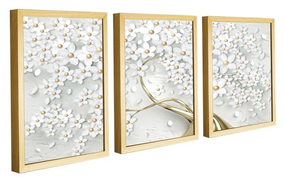 Kit 3 Quadros Decorativos Arvores Flor Dourada Com Molduras
