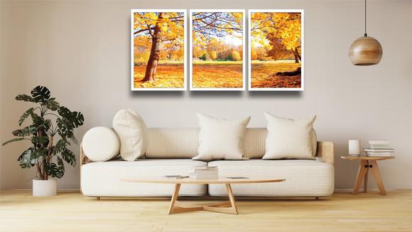 Kit 3 Quadros Decorativos Arvores Floresta Amarela Botânico